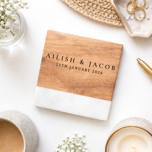 Personalised Marble & Wood Wine and Coffee Coaster (Inc Gift Box) | Wedding, Birthday and Christmas Stocking Gift