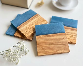 Handmade Premium Italian Olive Wood Drinks Coasters with Marbled Blue Resin | Set of 4