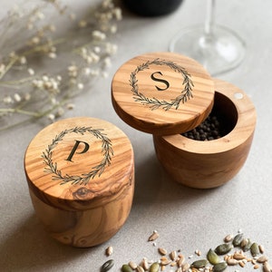 Pair of Engraved Olive Wood Salt & Pepper Pots | Salt Pig | Salt Bowl | Sugar Jar | Spice Pot | Wooden Pots | Pots for Herbs