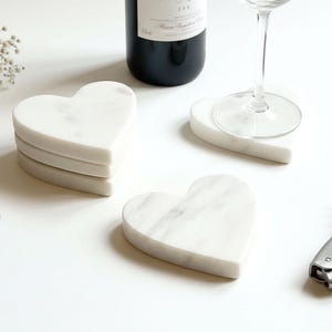 Set of 4 Marble Heart Drinks Coasters | White Natural Marble | Christmas Gift | Whisky, Tea, Coffee, Wine | Heart Gift