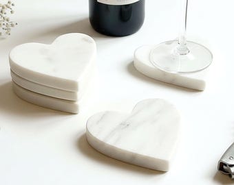 Set of 4 Marble Heart Drinks Coasters | White Natural Marble | Christmas Gift | Whisky, Tea, Coffee, Wine | Heart Gift