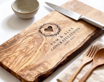 Personalized Rustic Olive Cutting, Cheeseboard | Personalised Wedding and New Home Gift | 5th Wood Anniversary, Birthday and Engagement Gift
