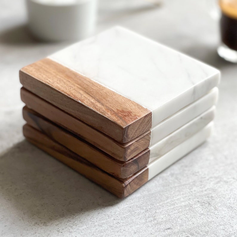 Set of 4 Marble & Wood Square Coasters Handmade Coffee Etsy
