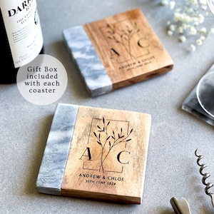 Personalised Marble & Wood Coaster and Gift Box | Wedding Gift | Personalized | Engagement Gift |  New Home | 5th Anniversary Gift