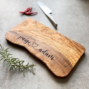 Personalized Live Edge Custom Olive Wood Cheese Board | Personalised Gifts For Couples for Wedding, Engagement, 5th Anniversaries.