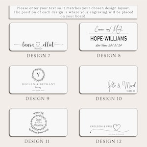 May include: A selection of personalized design layouts for engraving on a board. Designs include names, dates, and phrases, such as "Laura & Elliot" with a date, and "Happy 5th Wedding Anniversary". The text "Please enter your text..." is at the top.