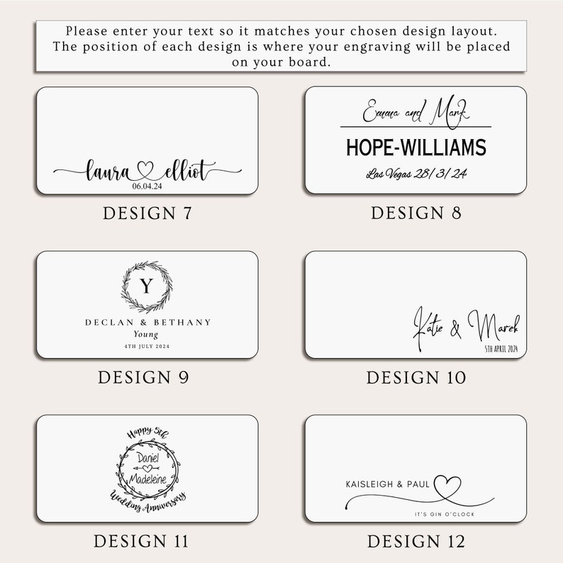 May include: A selection of personalized design layouts for engraving on a board. Designs include names, dates, and phrases, such as "Laura & Elliot" with a date, and "Happy 5th Wedding Anniversary". The text "Please enter your text..." is at the top.