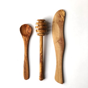 Traditional Olive Wood 3 Piece Breakfast Set Condiment Set Honey Drizzle Jam Spoon Butter Spreader Wooden Sustainable image 2
