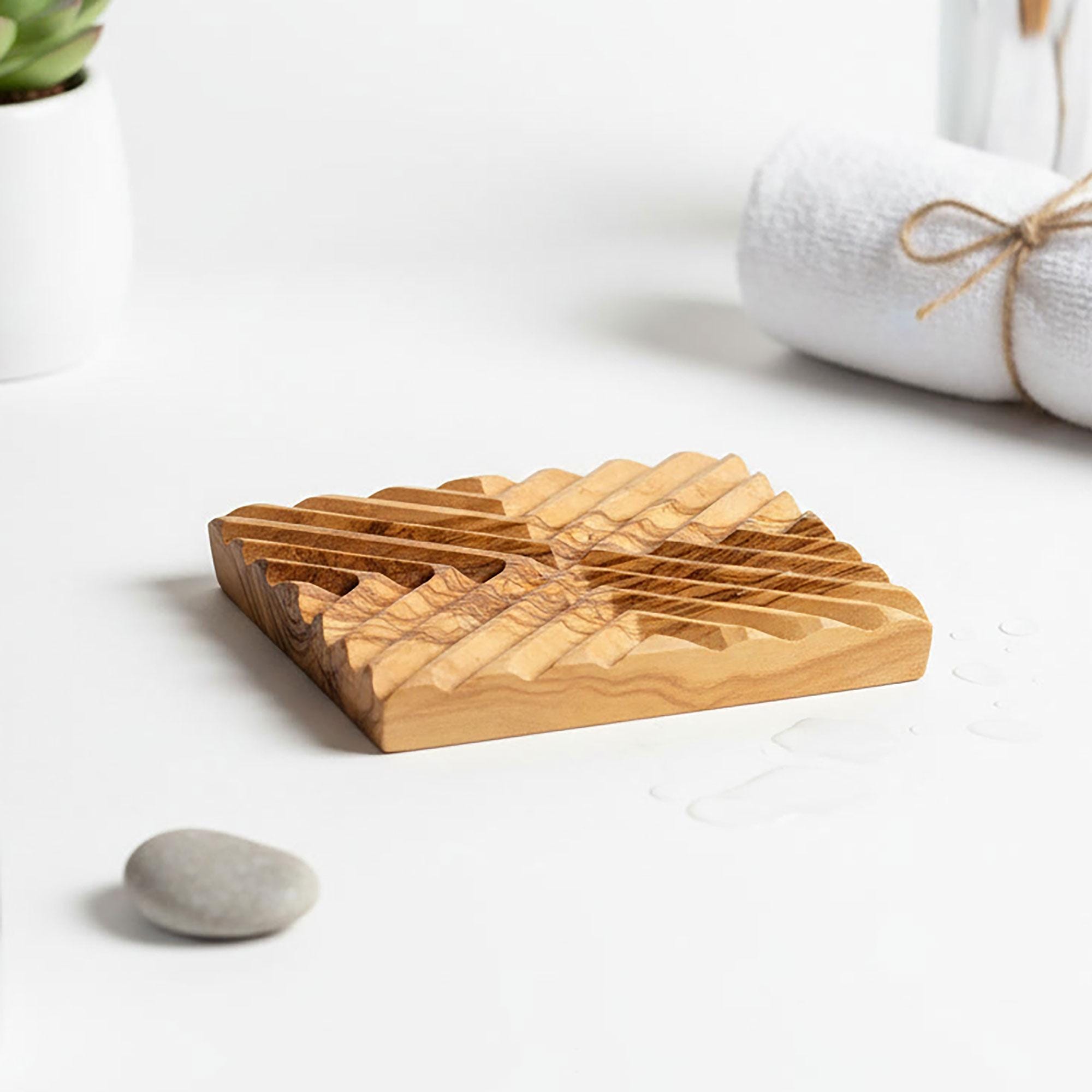 Natural Olive Wood Geometric Soap Dish Holder Bathroom Accessory Sustainable and Natural Homeware and Bathroom Decor