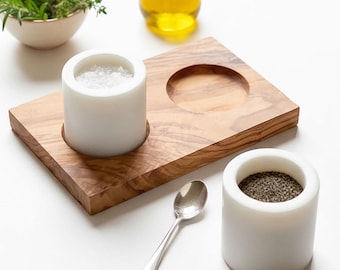Salt and Pepper Marble Pinch Pots with Hand Finished Olive Wood Stand