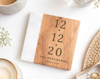 Personalised Marble & Acacia Wood Coaster, Custom Coffee Table Drinks Coaster, 5th Anniversary Wood Gift, Engagement or Wedding Present