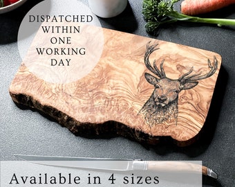 Rustic Olive Wood Stag Deer Engraved Cutting Board | Rustic Chopping | Cheeseboard | Cheese board | Sustainable | No Glue | No Plastic