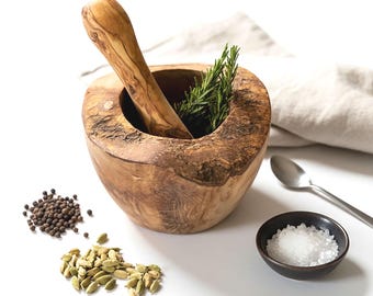 Traditional Rustic Mediterranean Olive Wood Pestle and Mortar | Herb & Garlic Crusher | Spice Grinder and Natural Kitchen Accessory