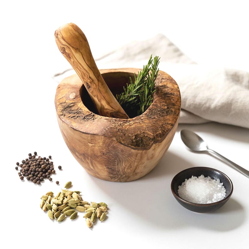 Traditional Rustic Mediterranean Olive Wood Pestle and Mortar | Herb & Garlic Crusher | Spice Grinder and Natural Kitchen Accessory image 1