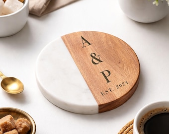 Personalised Marble & Acacia Wood Drinks Coaster, Custom Engraved Coaster, Housewarming, Anniversary Gift