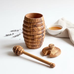 2 Piece Honey Pot and Honey Drizzler Set Handmade from Olive Wood | Wooden Honey Spoon | Natural Lidded Honey Set