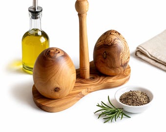 Olive Wood Salt & Pepper 3 Piece Shaker Set, Handcrafted Rustic Kitchen Accessory, Natural Sustainable Homeware Gift, Dining Table Decor