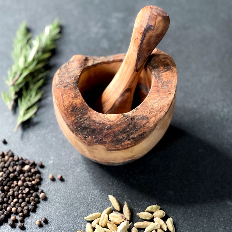Traditional Rustic Mediterranean Olive Wood Pestle and Mortar | Herb & Garlic Crusher | Spice Grinder and Natural Kitchen Accessory image 4