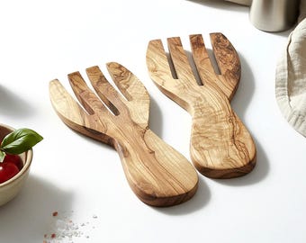 Olive Wood Salad Servers, Italian Wooden Salad Hands for Serving Salads, Pasta and Side Dishes