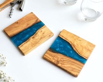 Handmade Olive Wood Drinks Coasters with Resin Inlay, Rustic Wooden Coasters for Modern Home Decor