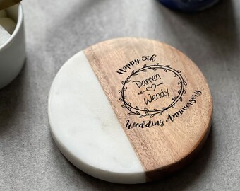 Personalised Marble & Wood Coaster (Inc Gift Box) | 5th Anniversary | Gift | Wood Anniversary | Personalized Anniversary