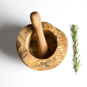 Traditional Rustic Mediterranean Olive Wood Pestle and Mortar | Herb & Garlic Crusher | Spice Grinder and Natural Kitchen Accessory image 5