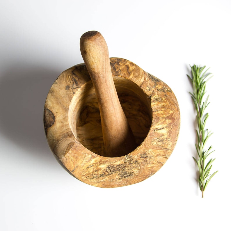Traditional Rustic Mediterranean Olive Wood Pestle and Mortar | Herb & Garlic Crusher | Spice Grinder and Natural Kitchen Accessory image 5
