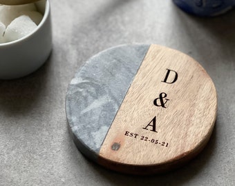 Personalized Marble/Acacia Wood Coaster (Inc Gift Box) -Various Designs | Personalised | Wedding Gift | Birthday Gift | 5th Anniversary Gift