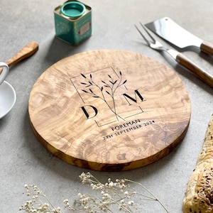 Personalised Round Olive Wood Cheese Board – Custom Charcuterie or Serving Board, Wedding, New Home or Anniversary Gift for Couples