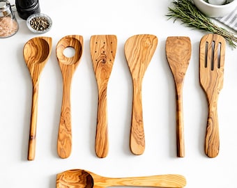 Italian Olive Wood Kitchen Utensils 7 Piece Set | Wooden Cooking Utensil | Sustainable Wooden Kitchenware | Kitchen & Home Chef Gifts