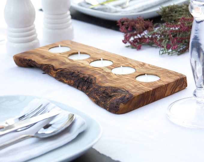 Contemporary Rustic Olive Wood Tealight Candle Holder | For holding 3, 5 or 7 tealights (included!) | Sustainable and Natural Home Decor