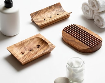 Natural Olive Wood Soap Dish in 3 Unique Styles | Bathroom Accessories | Natural and Sustainable Homeware & Bathroom Decor | Soap Holder