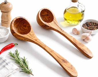Traditional Olive Wood Ladle | Wooden Utensil | Kitchen Tools | 3 Sizes | Kitchen Utensil | Soup & Stews | Free Personalisation Available