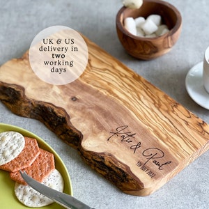Personalized Natural Olive Wood Rustic Cheeseboard | Personalised Wedding, Birthday & Wood Anniversary Gift For Special Couples and Friends