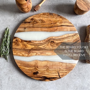 Large Olive Wood Serving Board with White Resin River Veins | Unique Custom Cheese Board | Rustic Cheeseboard | Dia 14&quot; (35cm)