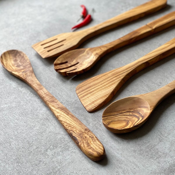 Traditional Olive Wood 5 Piece Kitchen Utensil Set | Cooking Utensils | Wooden Utensils | Sustainable Wood | Wooden Kitchenware | Home Gift