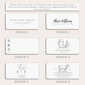 May include: A selection of six rectangular design templates for personalized engraving. Each design features text and graphics, including names, dates, and decorative elements. The designs are presented on a light background, with text in black.