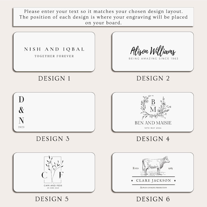 May include: A selection of six rectangular design templates for personalized engraving. Each design features text and graphics, including names, dates, and decorative elements. The designs are presented on a light background, with text in black.