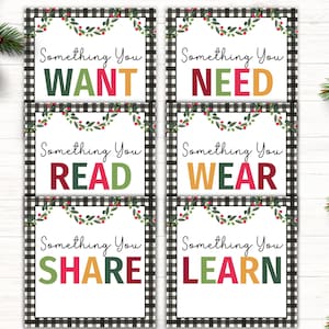 Etiquetas de regalo imprimibles Something You Want Something You Need - Something You Read Something You Wear Etiquetas de regalo de Navidad Etiquetas de caja de Nochebuena