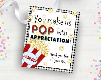 Etichetta regalo di apprezzamento per i popcorn, stampabile, etichetta per snack con popcorn, insegnante, dipendente, volontario, apprezzamento per dipendenti o insegnanti