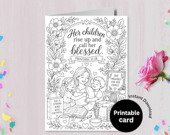 Cartolina da colorare per la Festa della Mamma con il capitolo 31 dei Proverbi, ideale per la scuola domenicale e l'istruzione cristiana a casa, e per le attività legate alla storia biblica in chiesa e durante le lezioni di catechismo.