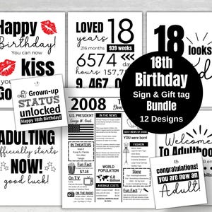 May include: A collection of 12 birthday sign and gift tag designs. The designs feature phrases like "Happy Birthday," "Adulting starts now," and "Welcome to Adulthood." The designs are in black and white with red accents.