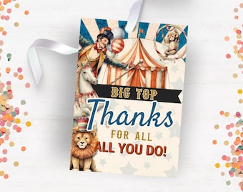 Etichette regalo di ringraziamento per insegnanti e personale del circo, etichette stampabili a tema circense per dipendenti o insegnanti, etichette per snack da circo