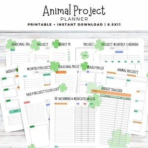 K&ouml;nnte beinhalten: Druckbarer Tierprojektplaner mit Seiten f&uuml;r saisonale Projekte, w&ouml;chentliche, monatliche und t&auml;gliche Aufgaben, einen Budget-Tracker und ein Entwurmungs- und Medikamentenprotokoll. Die Seiten sind mit gr&uuml;nen Kleeblatt-Designs verziert.