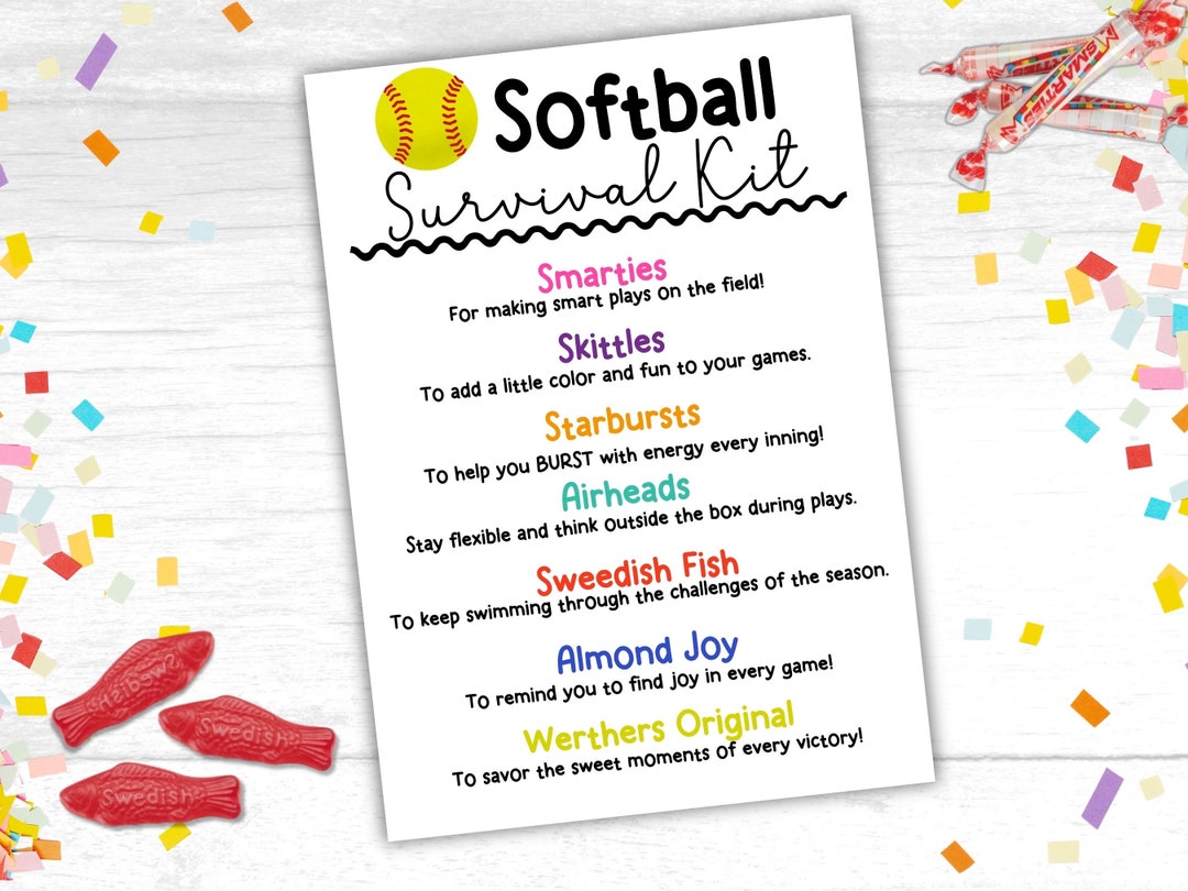 Softball Survival Kit Gift Tags Printable Softball Team Survival Kit Softball Treat Tags