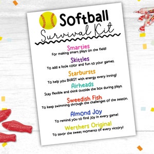 Softball Survival Kit Gift Tags Printable Softball Team Survival Kit Softball Treat Tags Softball Favor Tags Softball Summer Survival Tag