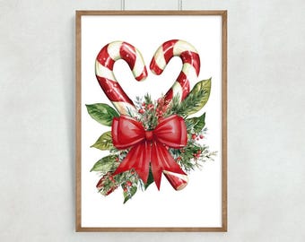 Stampa a forma di cuore con bastoncino di zucchero vintage: decorazione murale con fiocco natalizio (download digitale)