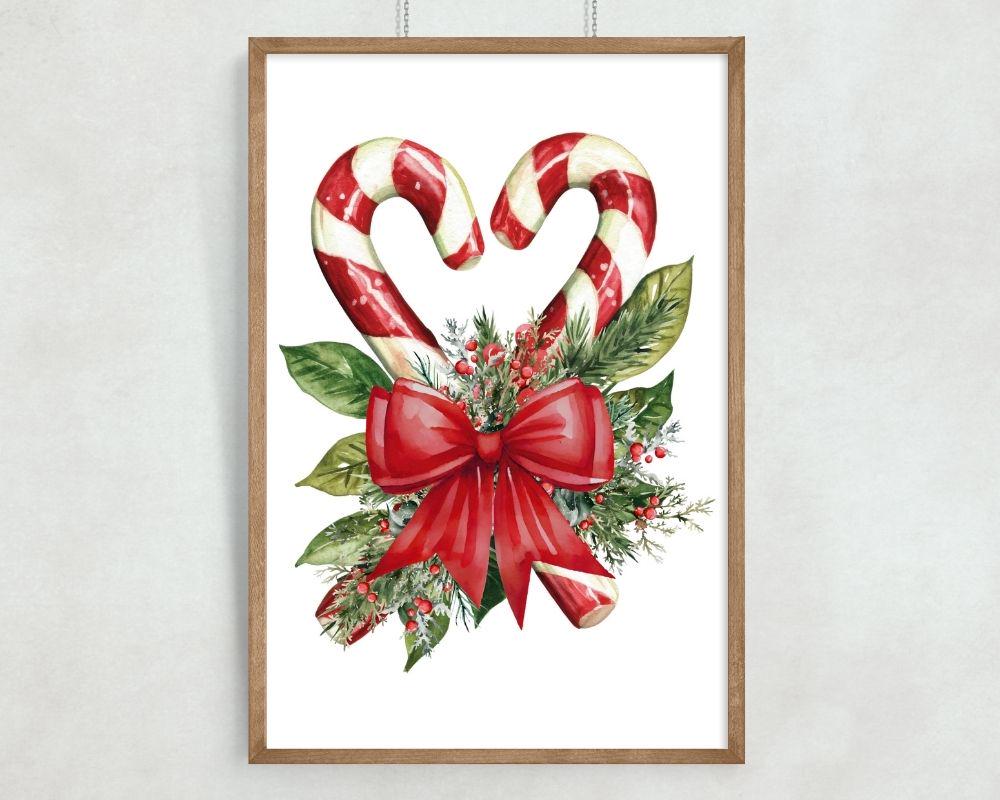 Dipinto natalizio con bastoncini di zucchero, stampabile, arte murale invernale, Natale cottagecore, stampe natalizie accoglienti e tenui, decorazioni moderne per la fattoria - Italia