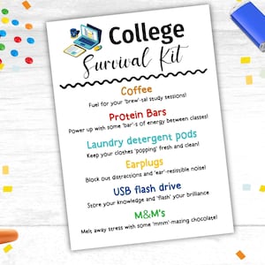 College Survival Kit Gift Tags Afdrukbare College Survival Kit Afstuderen Treat Tags College Gift Favor Tags Cadeau voor College Student Tag