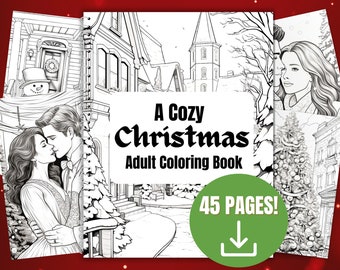 Op de afbeelding: Een zwart-witte kleurboekomslag met een besneeuwde winterscène en de titel "A Cozy Christmas Adult Coloring Book" met 45 pagina's.